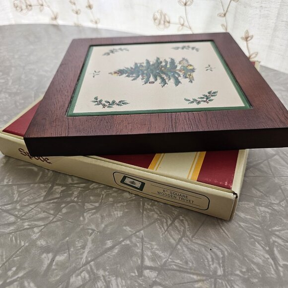 Spode Christmas Tree Tile and Wood Trivet 8" square original box vintage - Picture 5 of 14